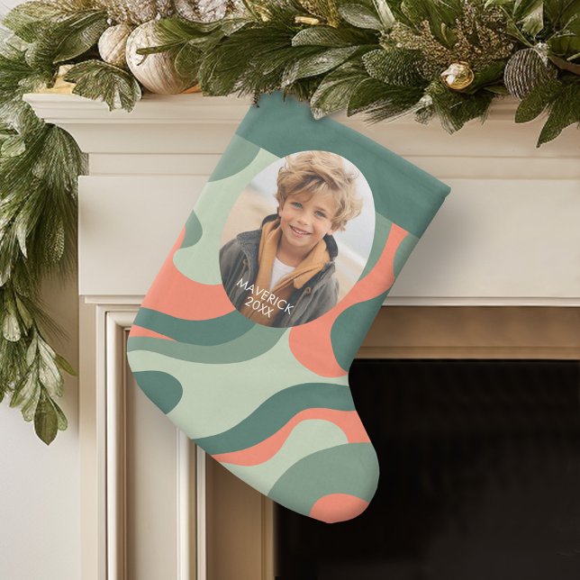 Organic Line Abstract Art - 1 Photo Jade Tangerine Large Christmas Stocking (Personalized Photo Christmas Stocking with Organic Curves and Wavy Line Art)