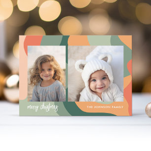 Organic Line Abstract Art - 2 Photo Jade Coral Holiday Card