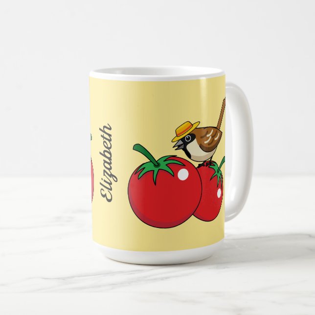 Organic Lover Sparrow Eating Red Tomato | Add Name Coffee Mug (Front Right)