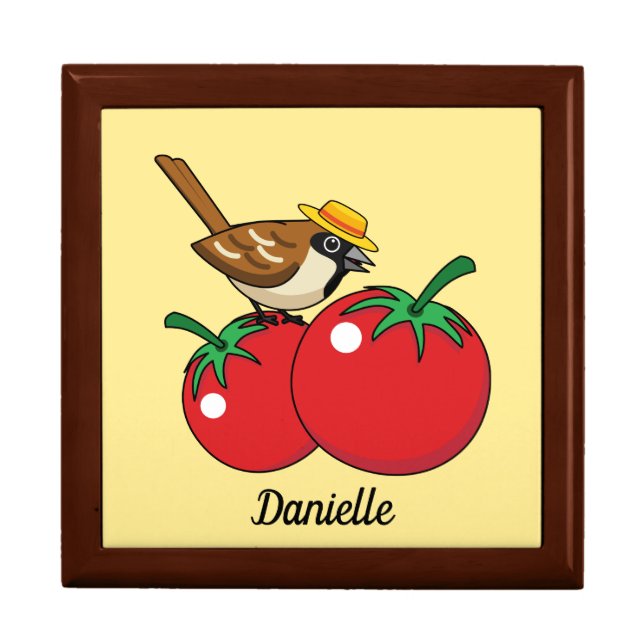 Organic Lover Sparrow Eating Red Tomato | Add Name Gift Box (Front)