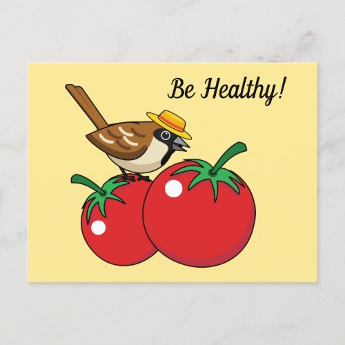 Organic Lover Sparrow Eating Red Tomato  Add Text Holiday Postcard