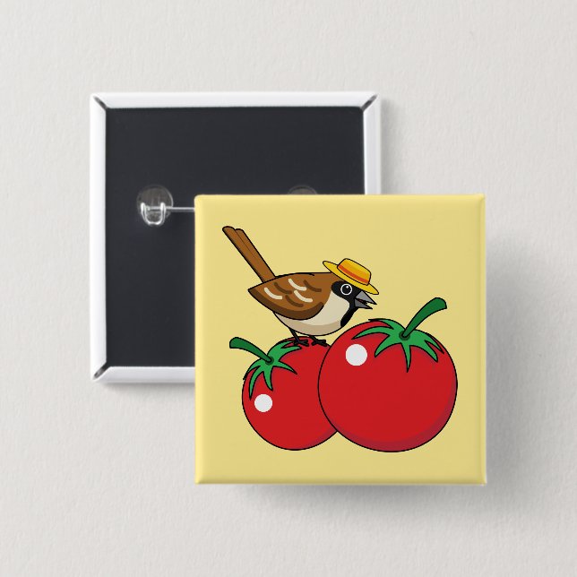 Organic Lover Sparrow Eating Red Tomato Button (Front & Back)