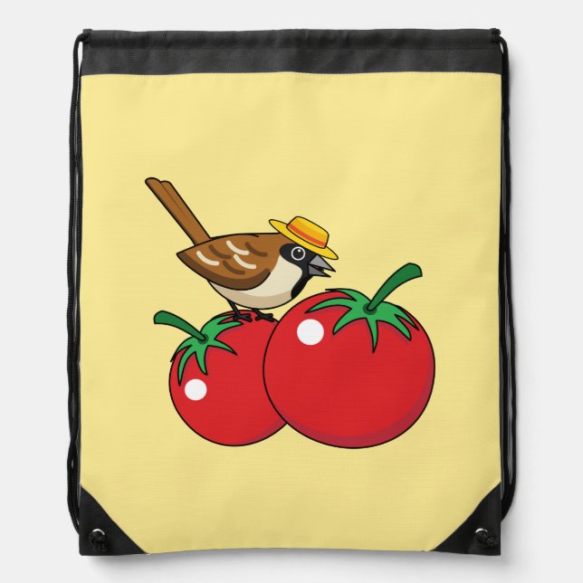 Organic Lover Sparrow Eating Red Tomato Drawstring Bag (Front)