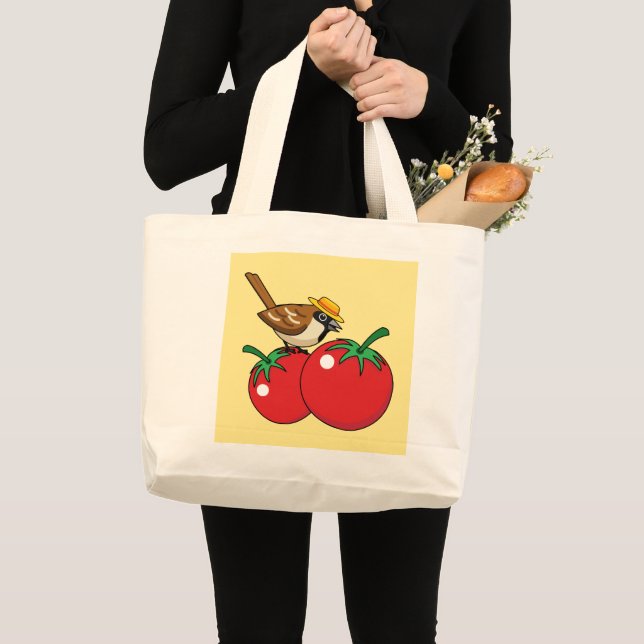 Organic Lover Sparrow Eating Red Tomato Large Tote Bag (Front (Product))