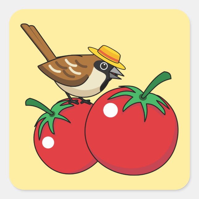 Organic Lover Sparrow Eating Red Tomato Square Sticker (Front)