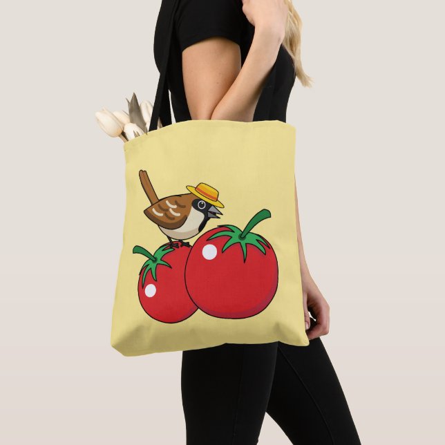 Organic Lover Sparrow Eating Red Tomato Tote Bag (Close Up)
