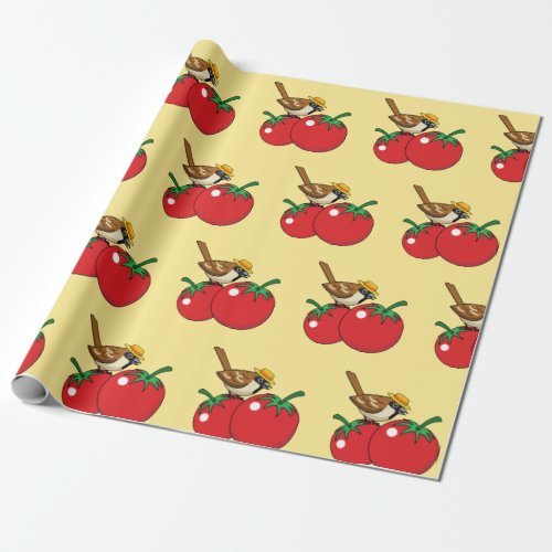 Organic Lover Sparrow Eating Red Tomato Wrapping Paper