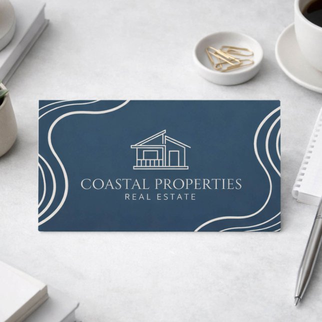 Organic Modern Real Estate Navy Blue Minimalist Business Card (Creator Uploaded)