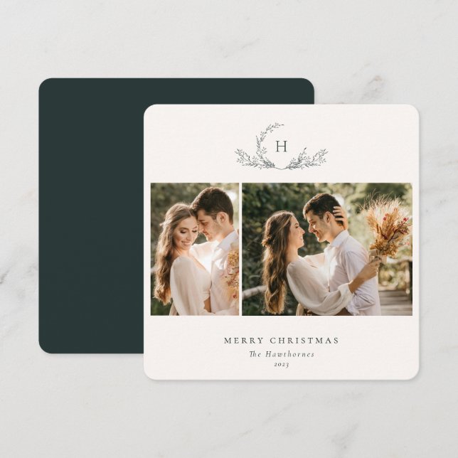 Organic Monogram 2 Photo  Holiday Card (Front/Back)
