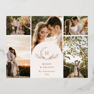 Organic Monogram 5 Photo Foil Holiday Postcard