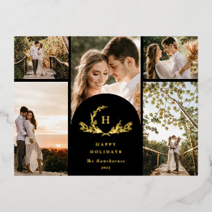 Organic Monogram 5 Photo Foil Holiday Postcard