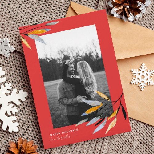 Organic Natural Christmas Red Fun Photo Watercolor Holiday Card