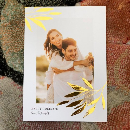Organic Natural Christmas Wedding Photo Gold Foil Holiday Card