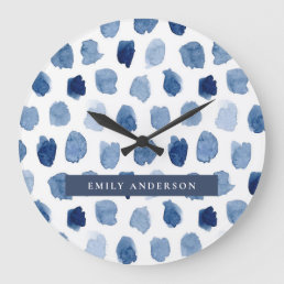 ORGANIC NAVY BLUE INDIGO DOTS TIE DYE PATTERN LARGE CLOCK