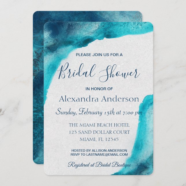 Organic Ocean Blue Watercolor Bridal Shower Invite (Front/Back)