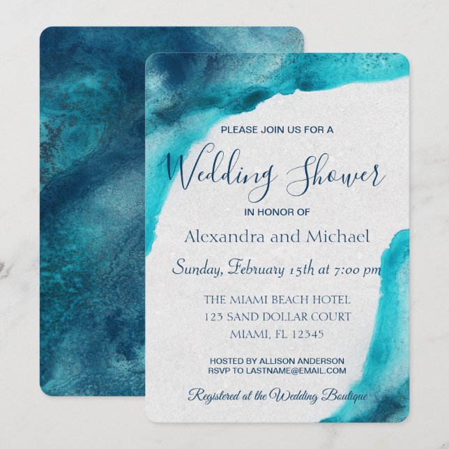 Organic Ocean Blue Watercolor Wedding Shower Invitation (Front/Back)