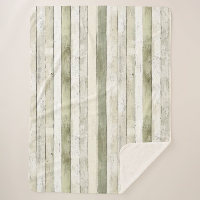 Organic Olive Ivory Faux Wood Stripes Sherpa Blanket (Front)