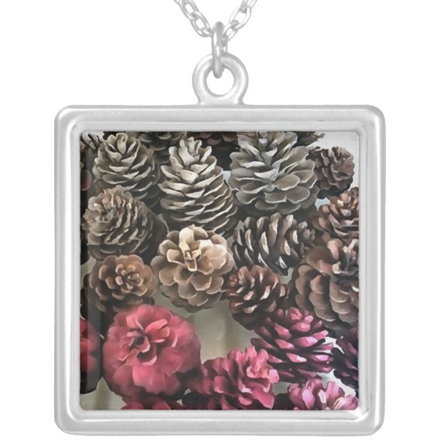 Organic Pine Cone Holiday Ornaments Painting Silver Plated Necklace (Front)