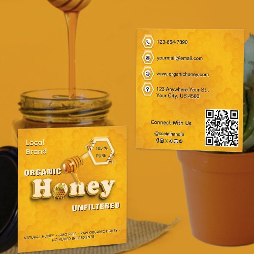 Organic Raw Honey Local Brand QR Code Cute Yellow Square Business Card