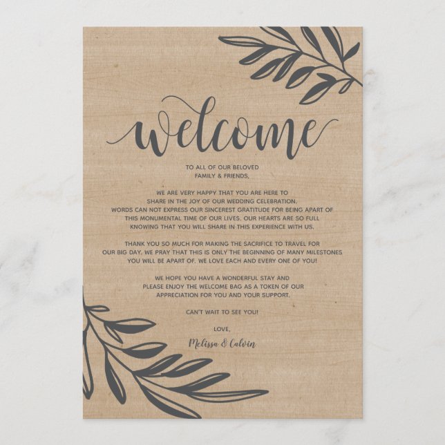 Organic rustic Wedding Welcome and Itinerary card (Front)