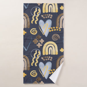 Organic shapes naive pattern with rainbow, heart.  bath towel