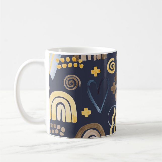 Organic shapes naive pattern with rainbow, heart.  coffee mug (Left)