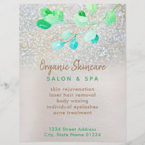 organic skincare faux glitter and greenery flyer