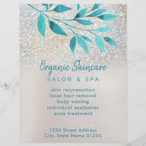 organic skincare faux glitter and teal foliage flyer