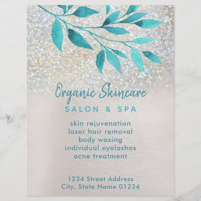 organic skincare faux glitter and teal foliage flyer (Front)