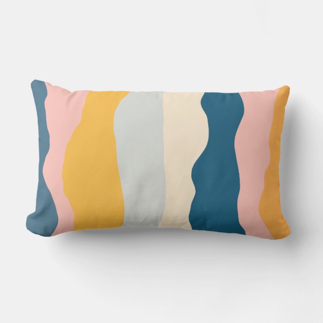 Organic Stripes in Mustard Pink Blue Gray Cream Lumbar Pillow (Front)