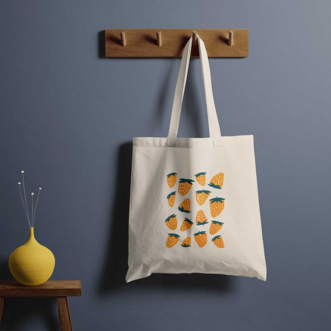 Organic summer strawberries - orange and green tote bag (Creator Uploaded)