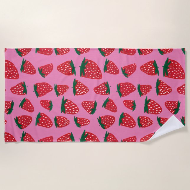 Organic summer strawberries red on pink background beach towel (Front)