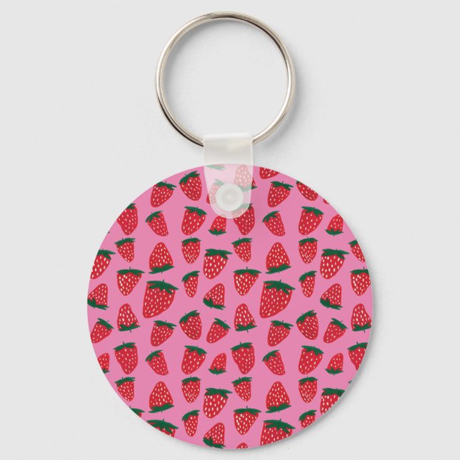 Organic summer strawberries red on pink background keychain (Front)