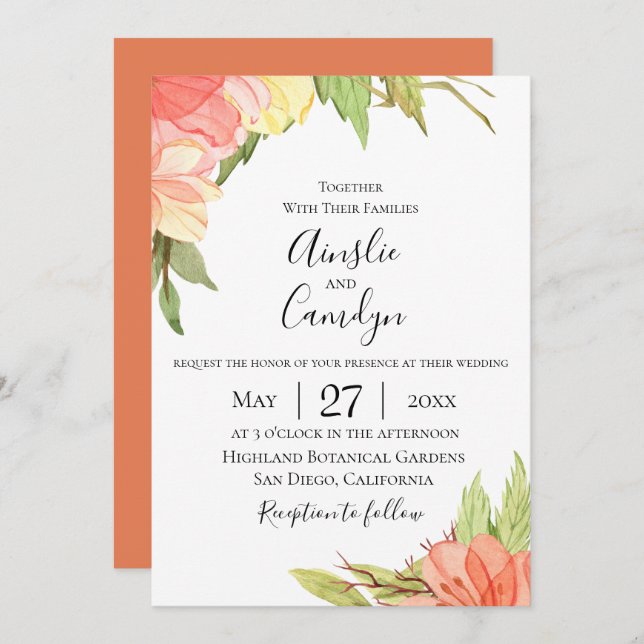 Organic Sunset Floral Wedding Invitation (Front/Back)