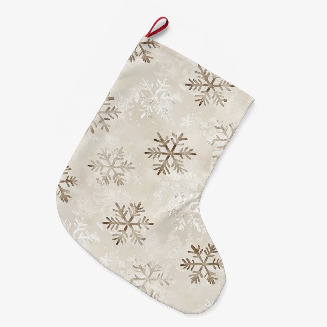 Organic Tan Cream Christmas Snowflakes Large Christmas Stocking (Front (Hanging))