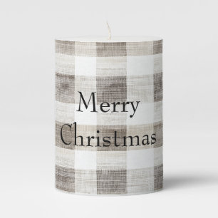 Organic Tan Cream Plaid Stripes Christmas  Pillar Candle