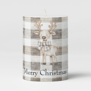 Organic Tan Cream Plaid Stripes Christmas Reindeer Pillar Candle