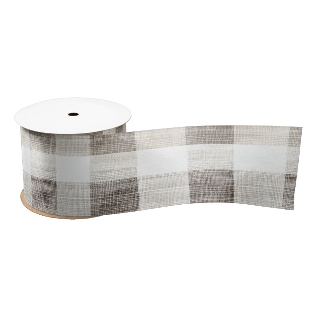 Organic Tan Cream Plaid Stripes Rustic Christmas Satin Ribbon (Spool)
