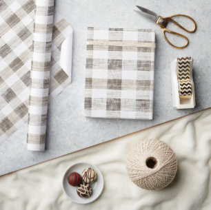 Organic Tan Cream Plaid Stripes Rustic Christmas Wrapping Paper