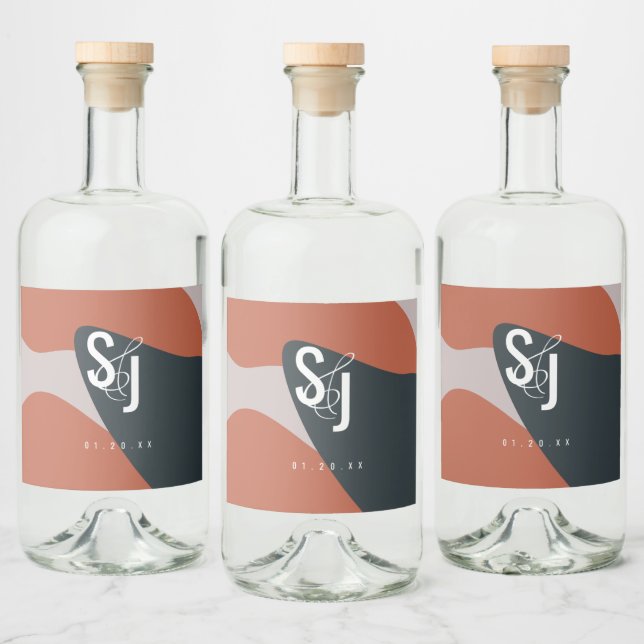 Organic Terracotta Blue Blush Wedding Liquor Bottle Label (Bottles)