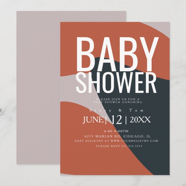 Organic Terracotta Blue Typography Baby Shower Invitation (Front/Back)