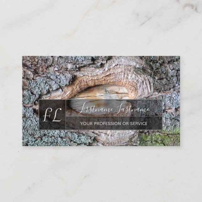 Organic tree bark surface gray rectangle monogram business card (Front)
