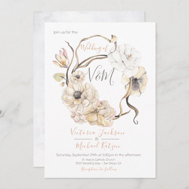 Organic Watercolor Floral boho Wedding invitations (Front/Back)