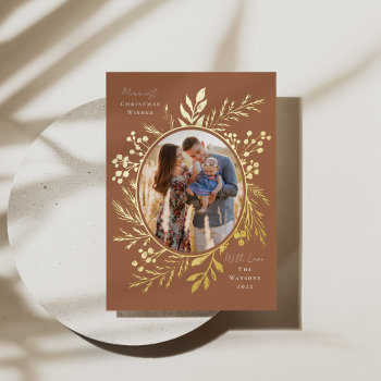 Organic Winter Botanicals Oval Photo Shape Rust Foil Holiday Card by NBpaperco at Zazzle