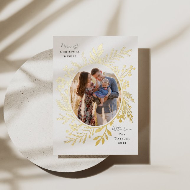 Organic Winter Botanicals Oval Photo Shape White Foil Holiday Card (Creator Uploaded)