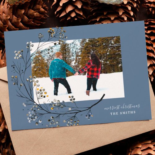 Organic Winter Natural Blue Merry Christmas Photo Holiday Card