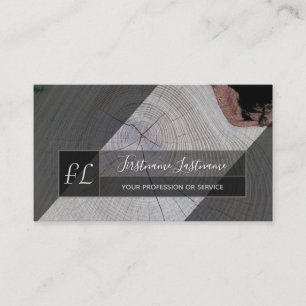 Organic wooden tree disc gray triangle monogram business card