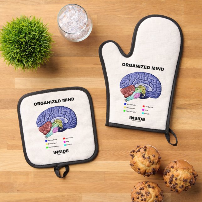 Organized Mind Inside Anatomical Brain Humor Oven Mitt & Pot Holder Set (Top Down)