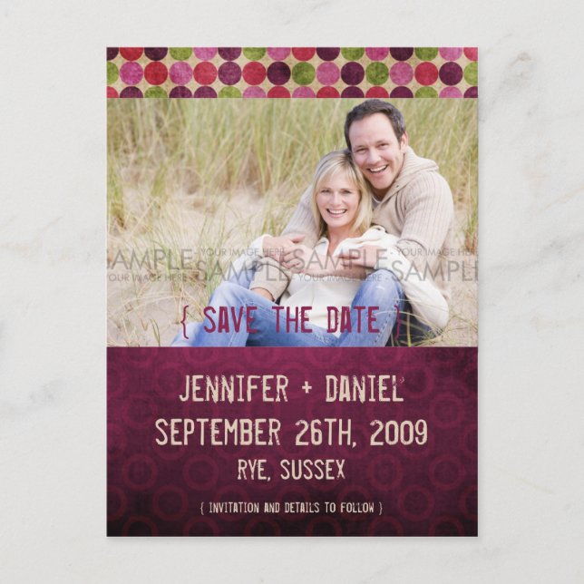 "Orient" Burgundy Retro Save the Date Announcement Postcard (Front)