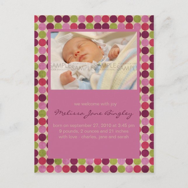 Orient Dots Pink • Baby Announcement Postcard (Front)